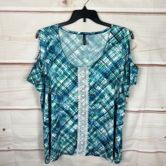 Bleeker & Mcdougal Tops - Bleeker & McDougal Top Womens 2X Blue Green Plaid Blouse Cold Shoulder Knit Lace